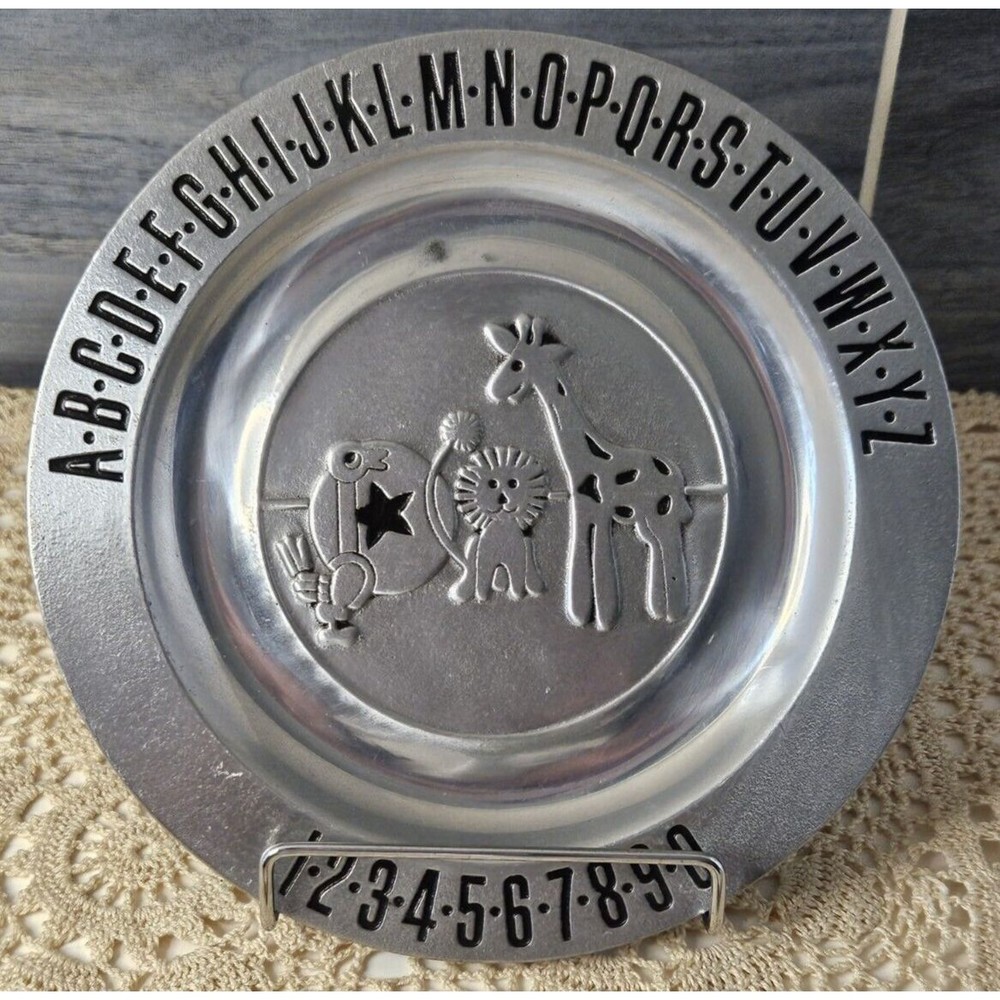 Vintage Pewtarex Pewter Child's Plate ABCs 123s Zoo Animals